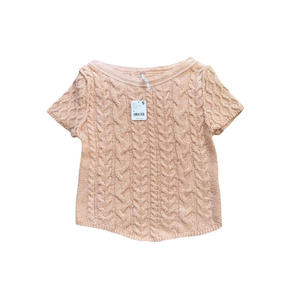 Free People Baby Cable Knit Peach Bohemian Knit Crew Neck Cotton Blend Sz Medium - Picture 3 of 6